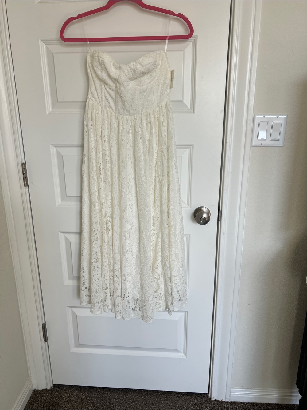 Altar'd State Cream Strapless Lace Midi Dress